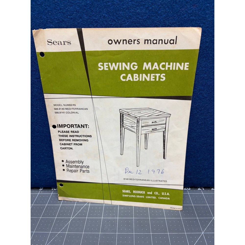 Sears Sewing Machine Cabinets Owners Manual Green 5669140 5669141 1976